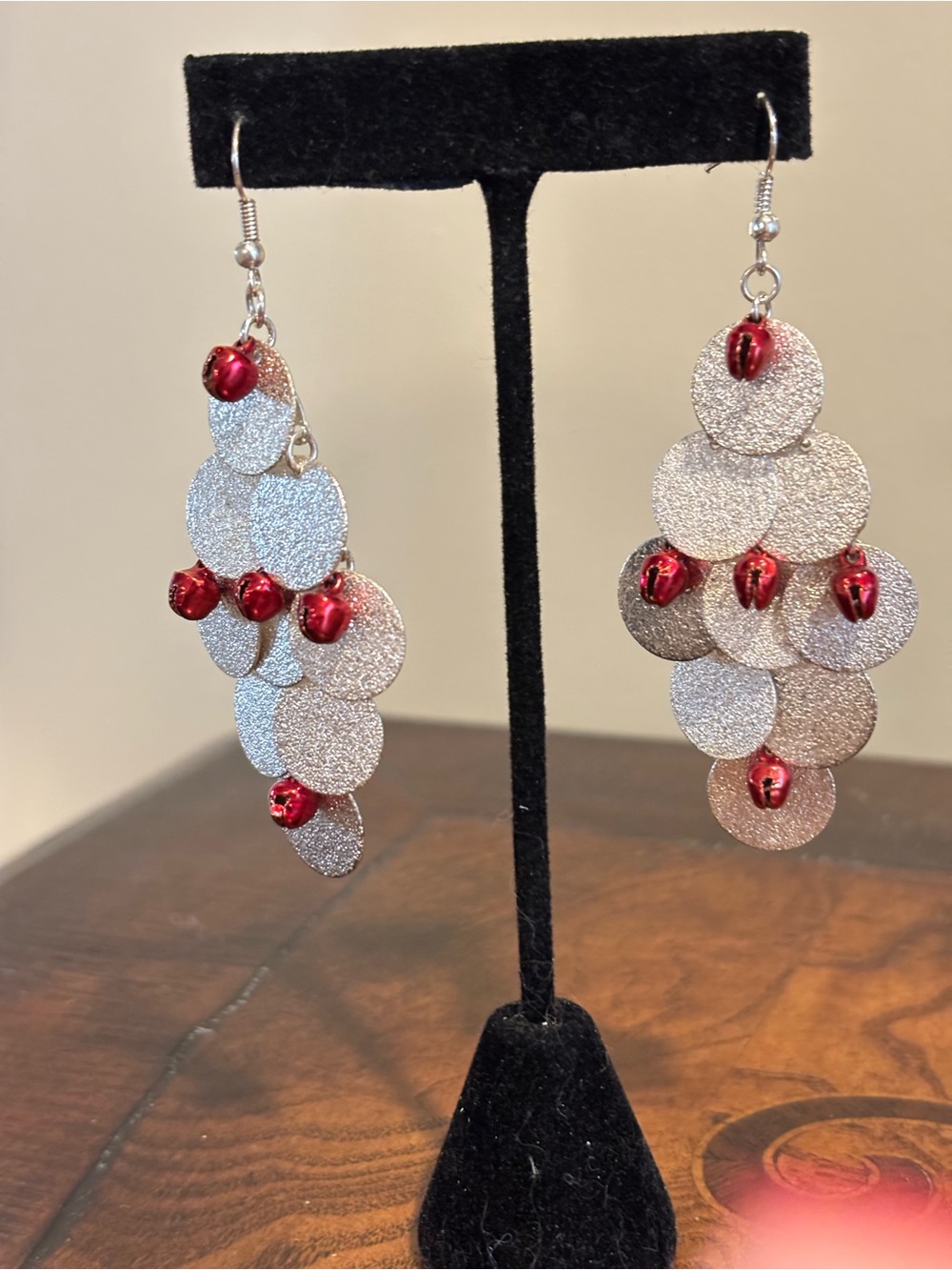 Silver tone Disc Dangle Earrings with Red Jingle Bead Accents